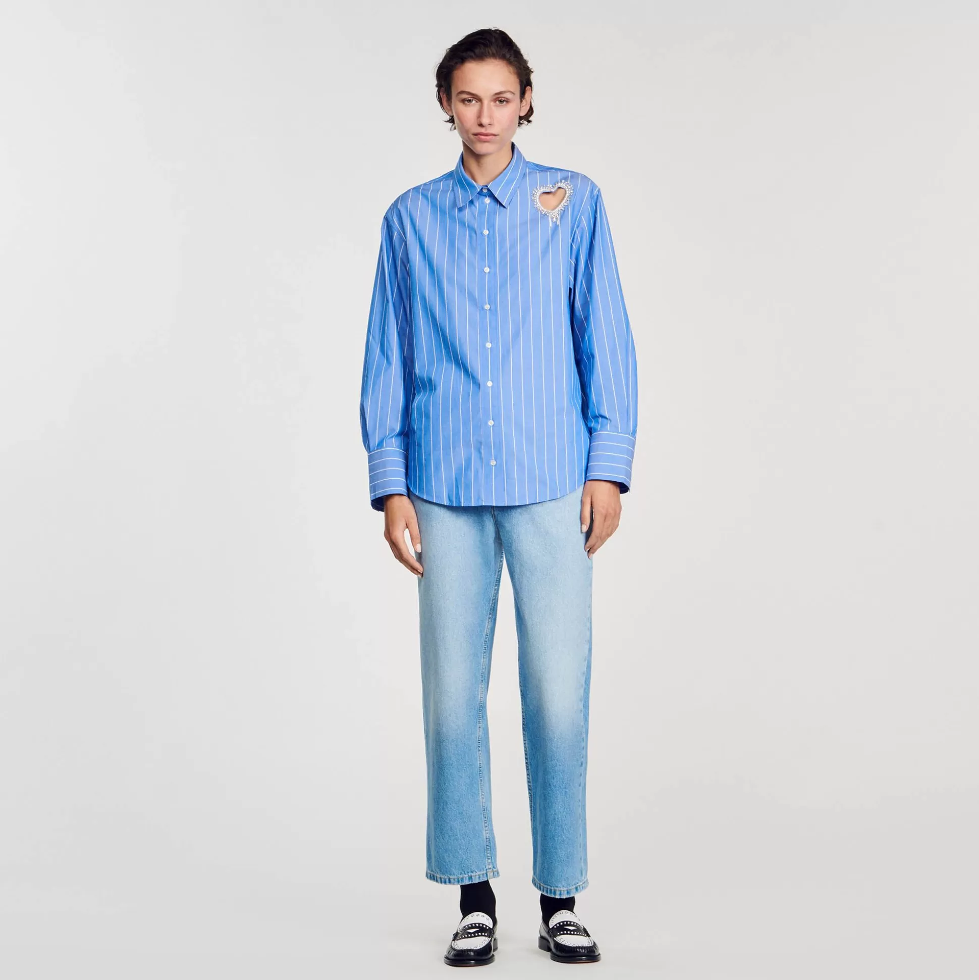 Mujer Sandro Paris Tops & Camisas<Camisa A Rayas Y Corazon De Brillantes