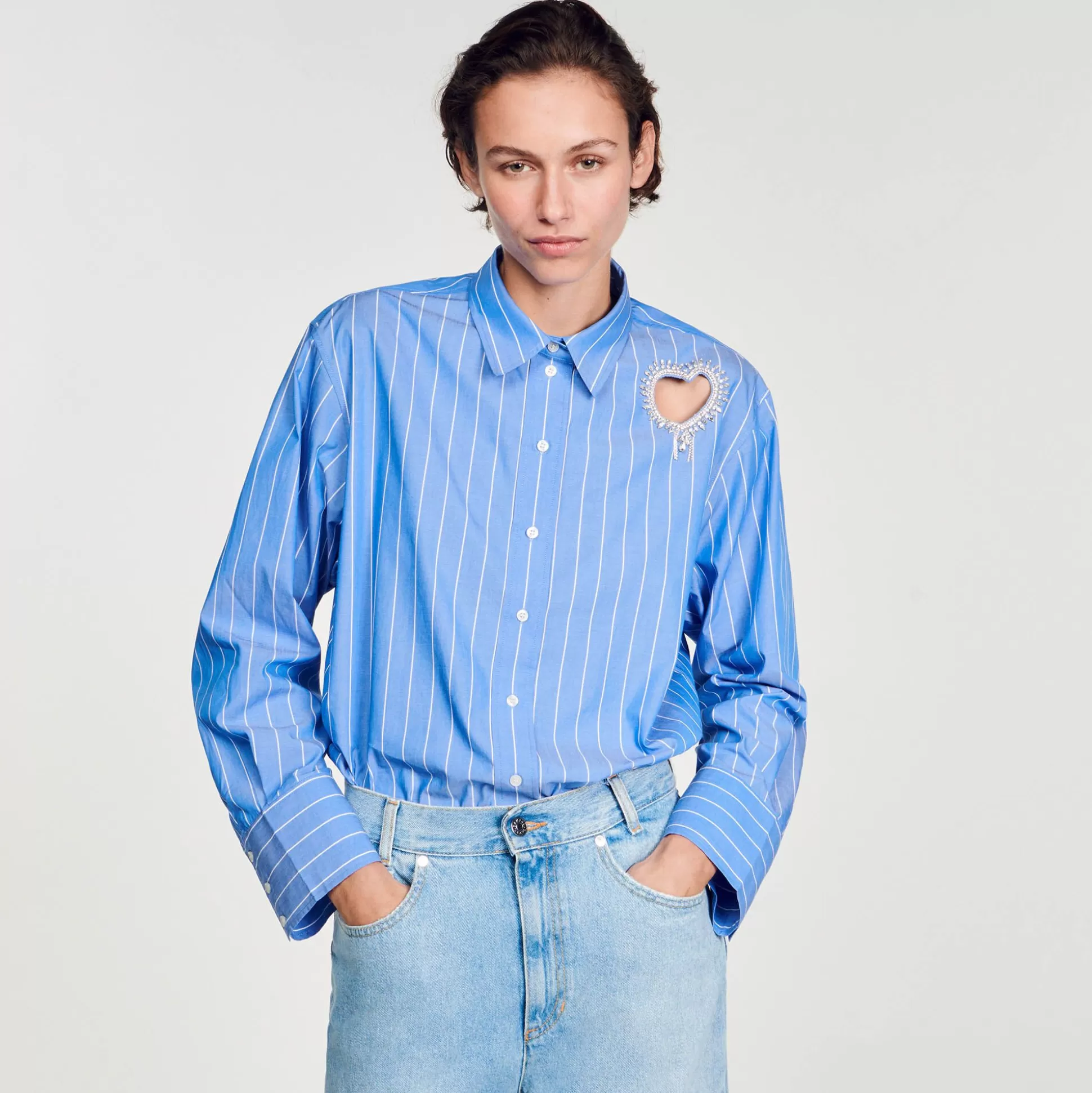 Mujer Sandro Paris Tops & Camisas<Camisa A Rayas Y Corazon De Brillantes