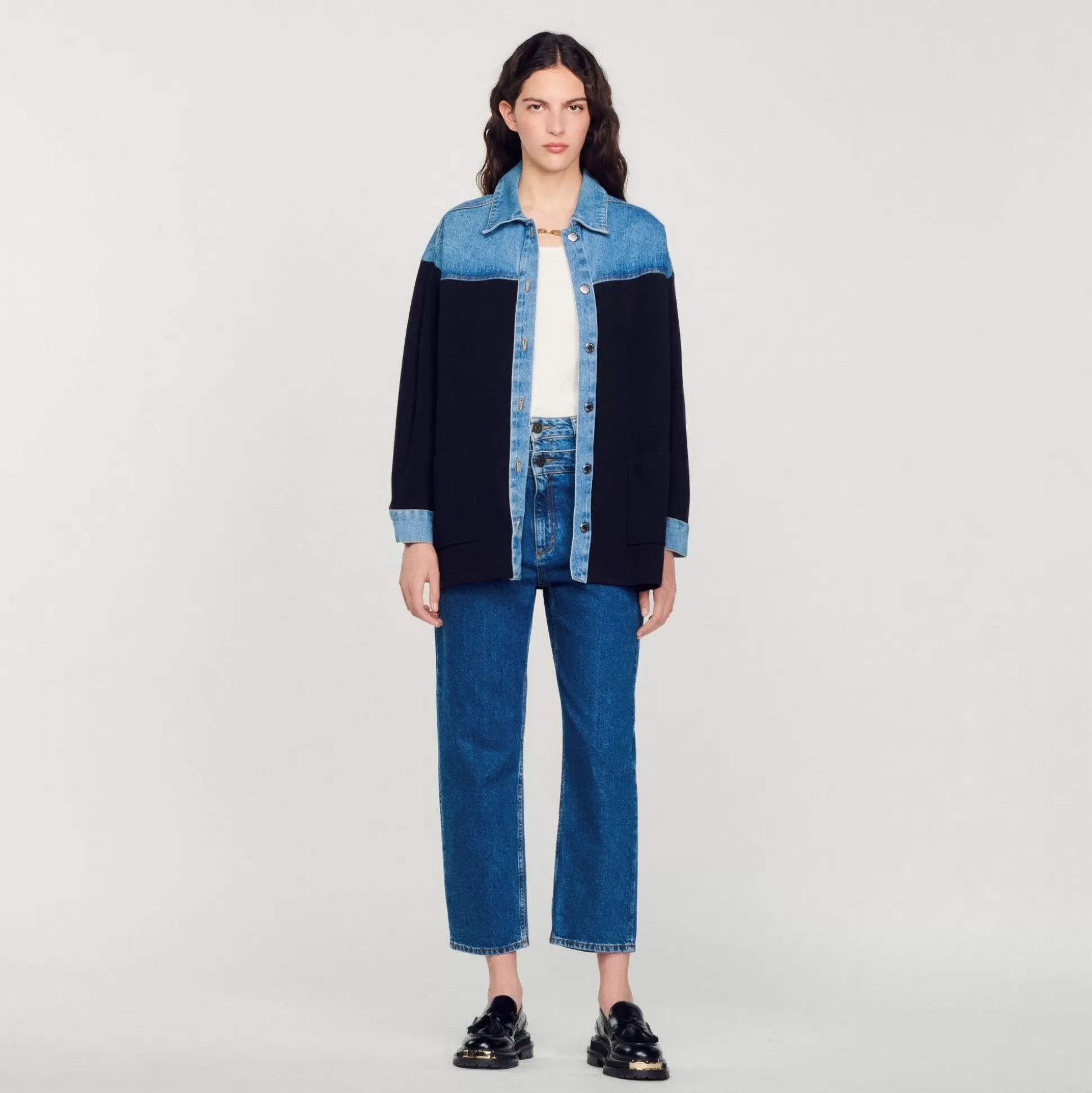 Mujer Sandro Paris Jerseys & Cárdigans<Cardigan De Dos Materiales Tipo Chaqueta