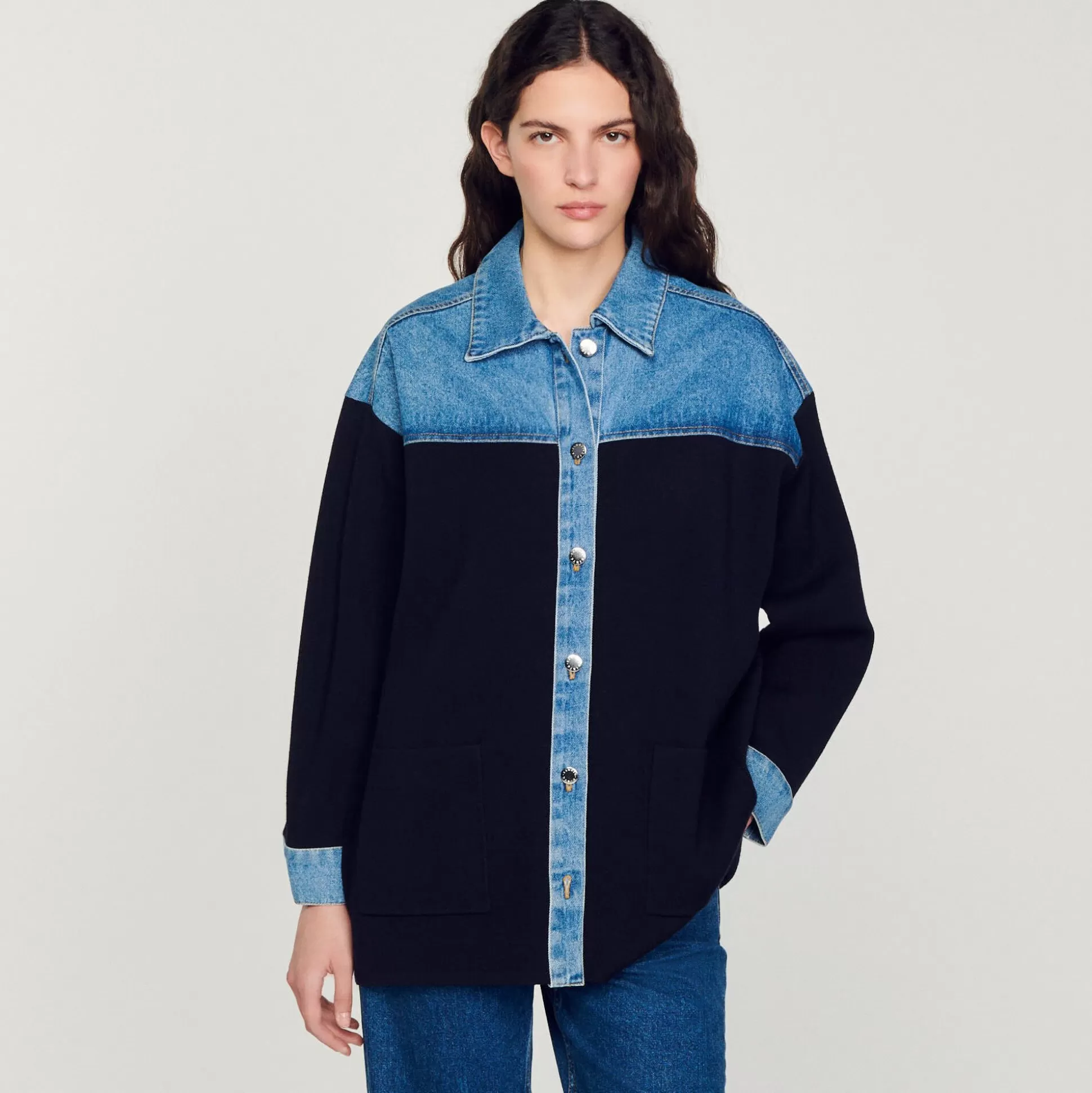 Mujer Sandro Paris Jerseys & Cárdigans<Cardigan De Dos Materiales Tipo Chaqueta