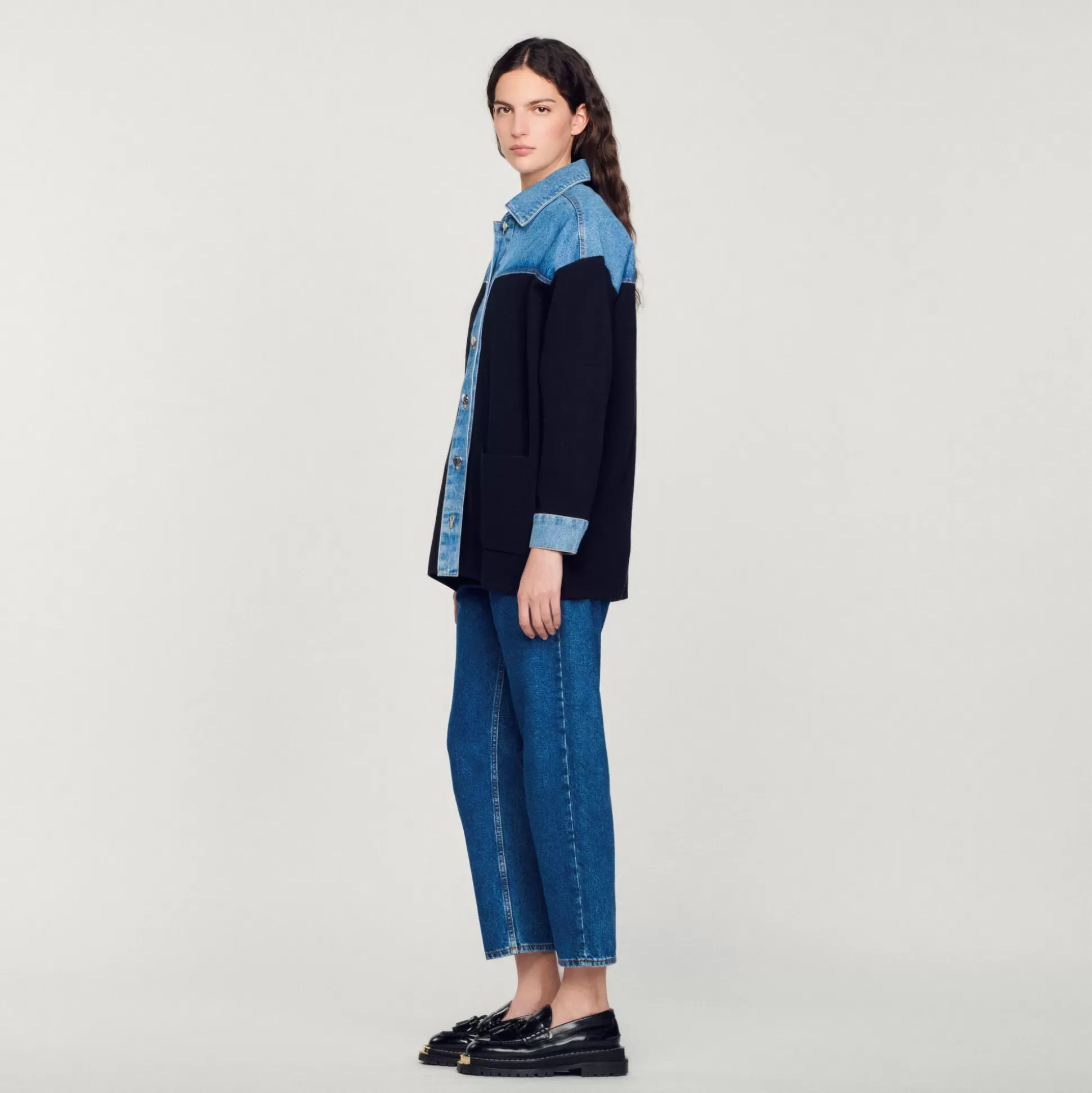 Mujer Sandro Paris Jerseys & Cárdigans<Cardigan De Dos Materiales Tipo Chaqueta