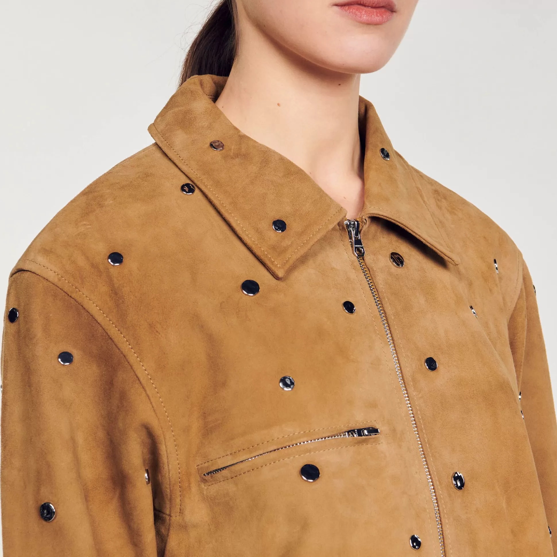 Mujer Sandro Paris Cazadoras & Chaquetas<Cazadora De Ante Decorada Con Tachuelas