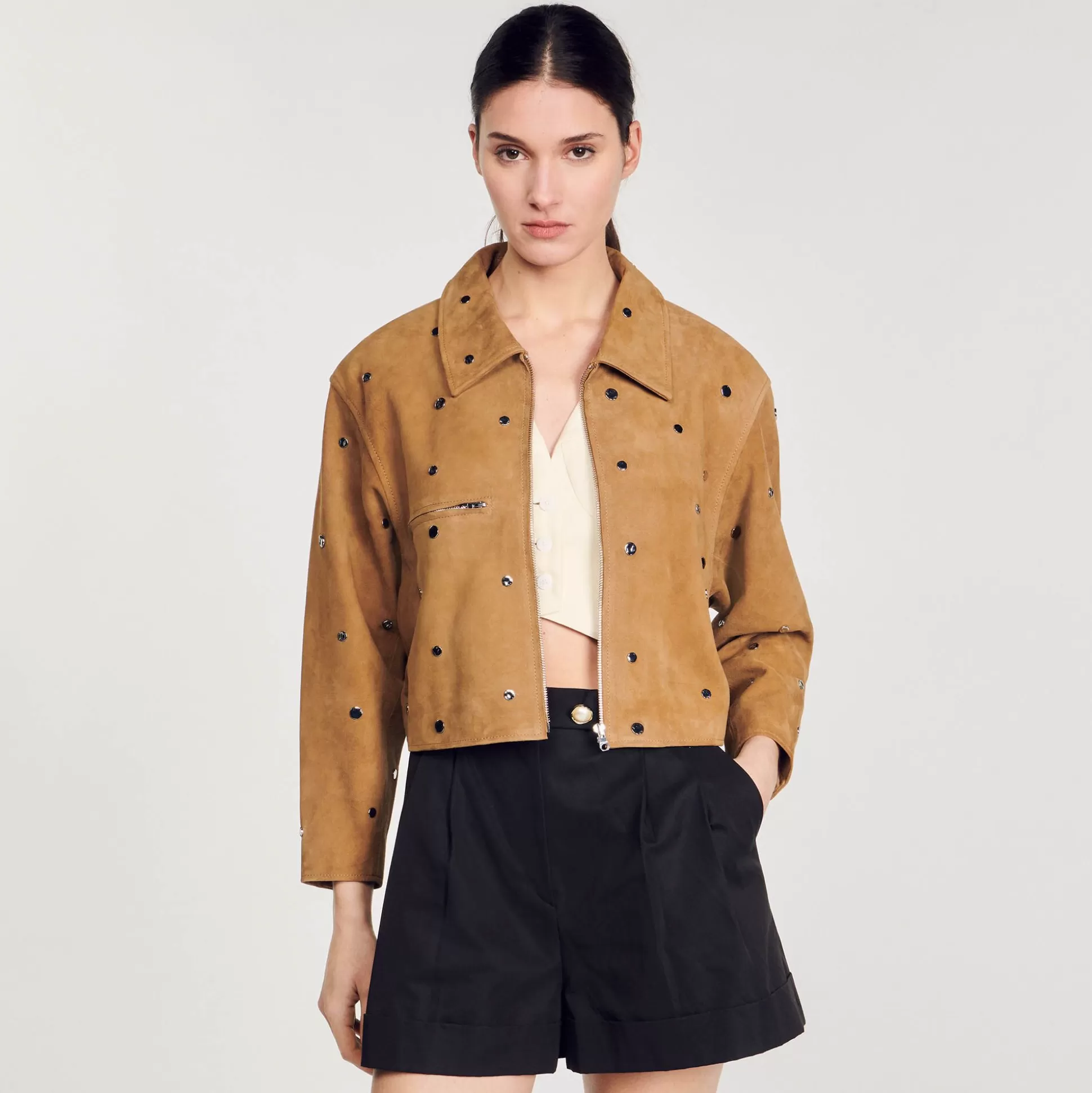 Mujer Sandro Paris Cazadoras & Chaquetas<Cazadora De Ante Decorada Con Tachuelas