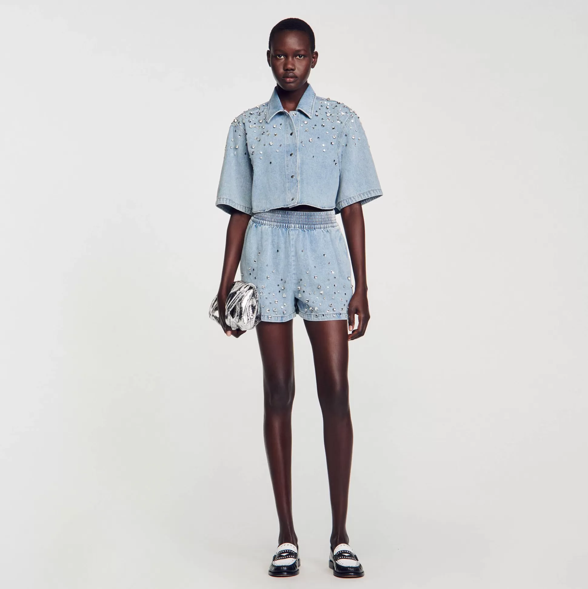 Mujer Sandro Paris Faldas & Shorts<Pantalon Vaquero Corto Y Ancho De Strass