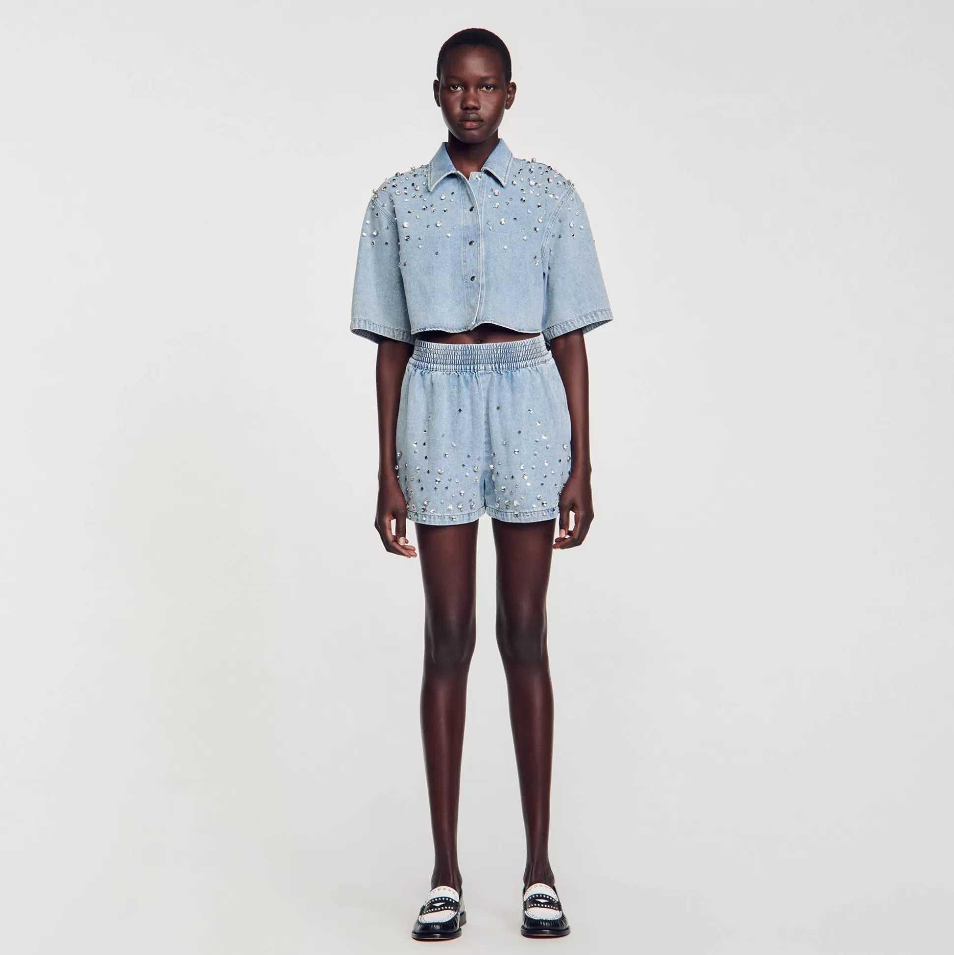 Mujer Sandro Paris Faldas & Shorts<Pantalon Vaquero Corto Y Ancho De Strass