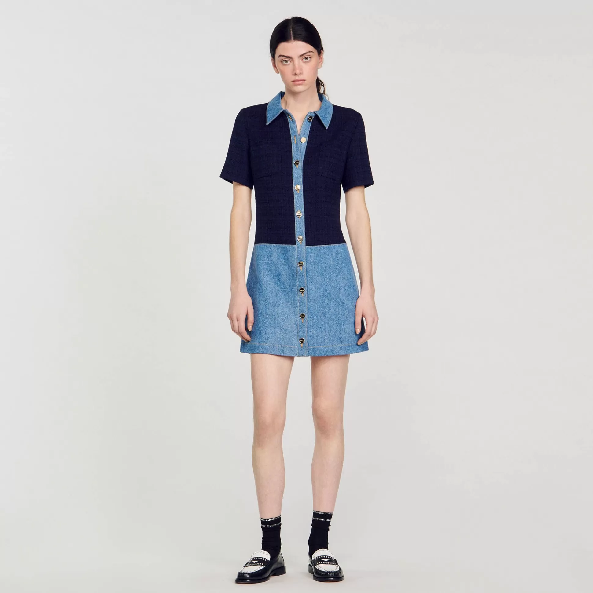 Mujer Sandro Paris Vestidos<Vestido Corto De Tejido Vaquero Y Tweed