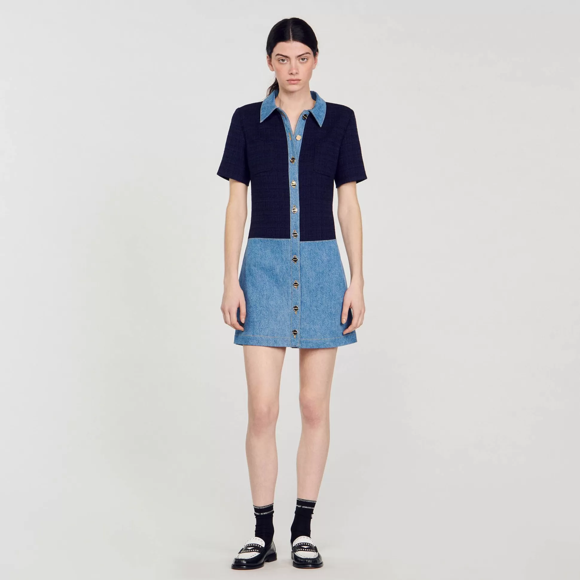 Mujer Sandro Paris Vestidos<Vestido Corto De Tejido Vaquero Y Tweed