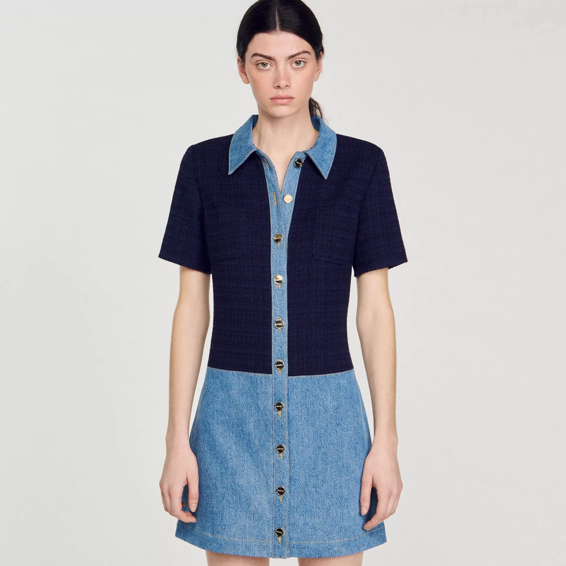 Mujer Sandro Paris Vestidos<Vestido Corto De Tejido Vaquero Y Tweed