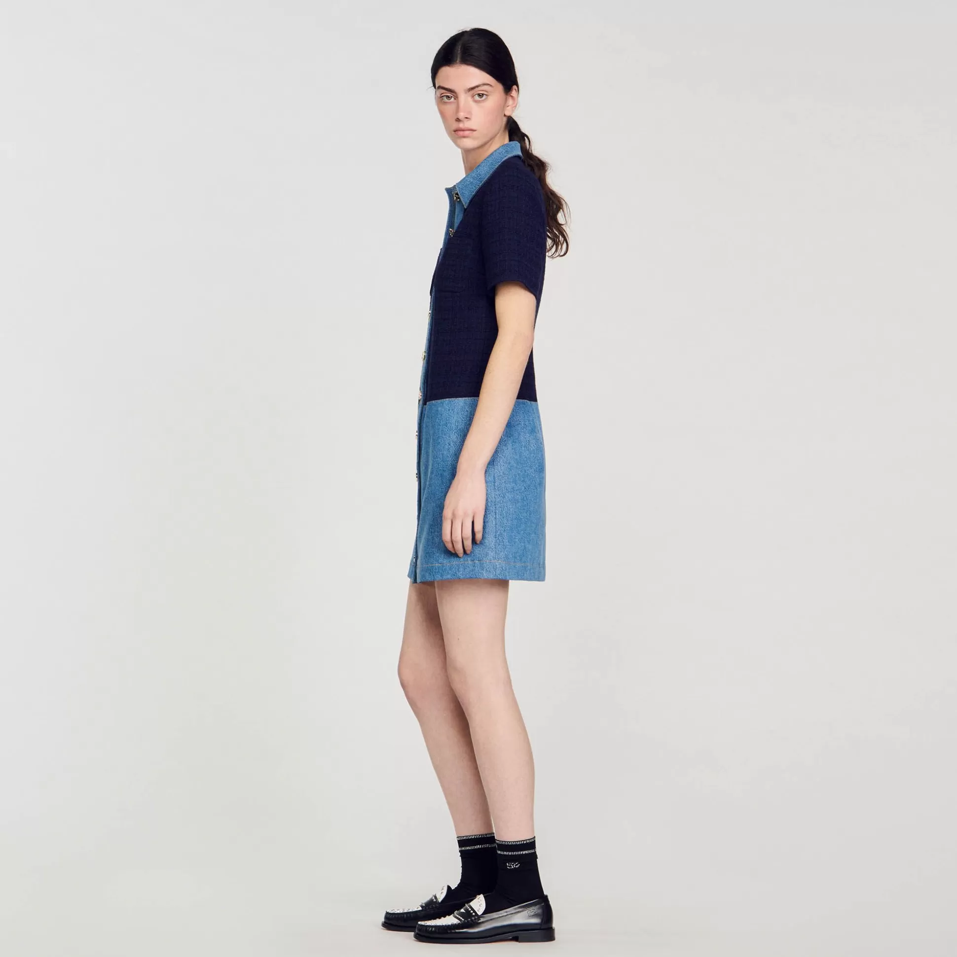 Mujer Sandro Paris Vestidos<Vestido Corto De Tejido Vaquero Y Tweed