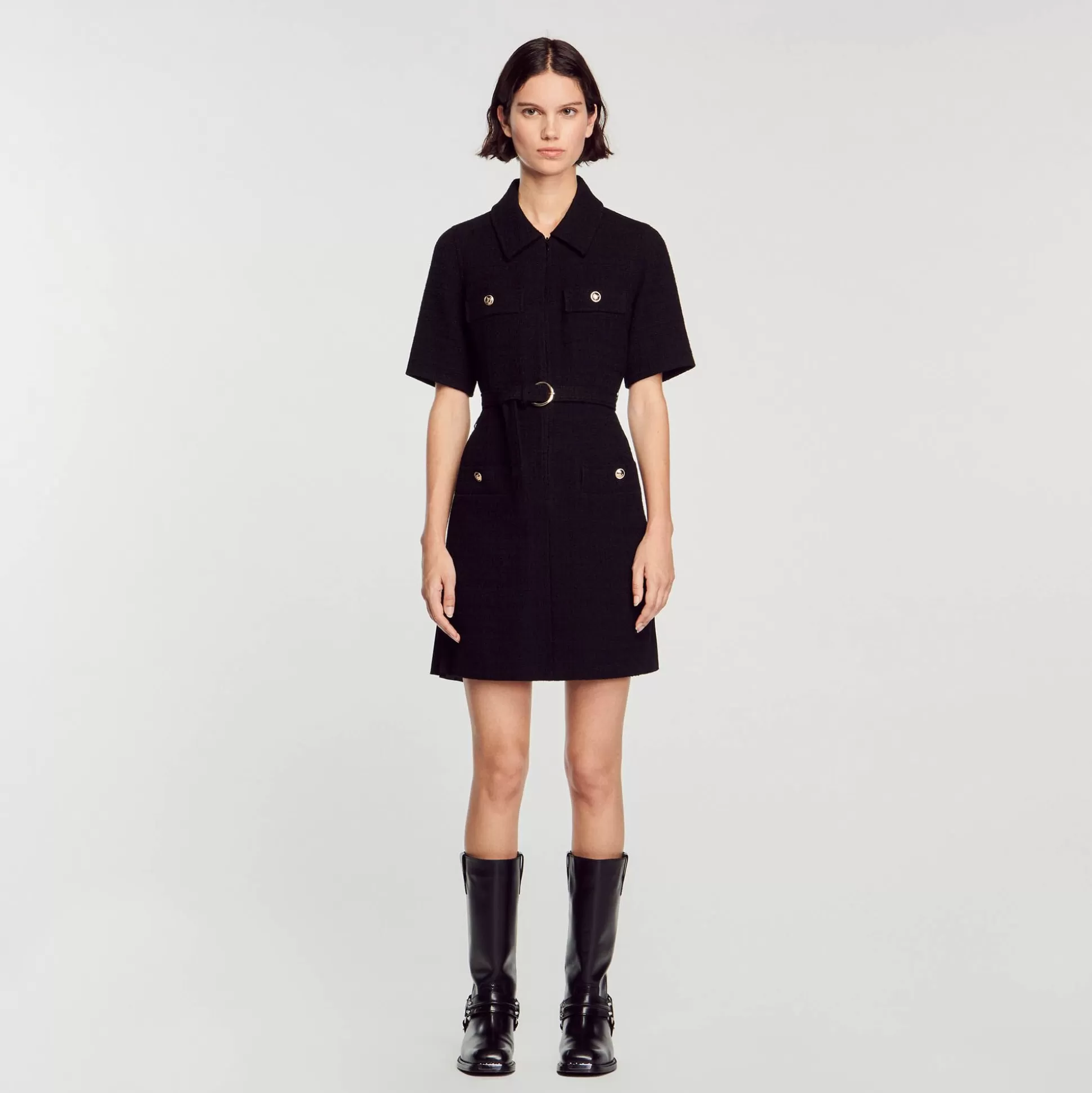 Mujer Sandro Paris Vestidos<Vestido De Manga Corta De Dos Materiales