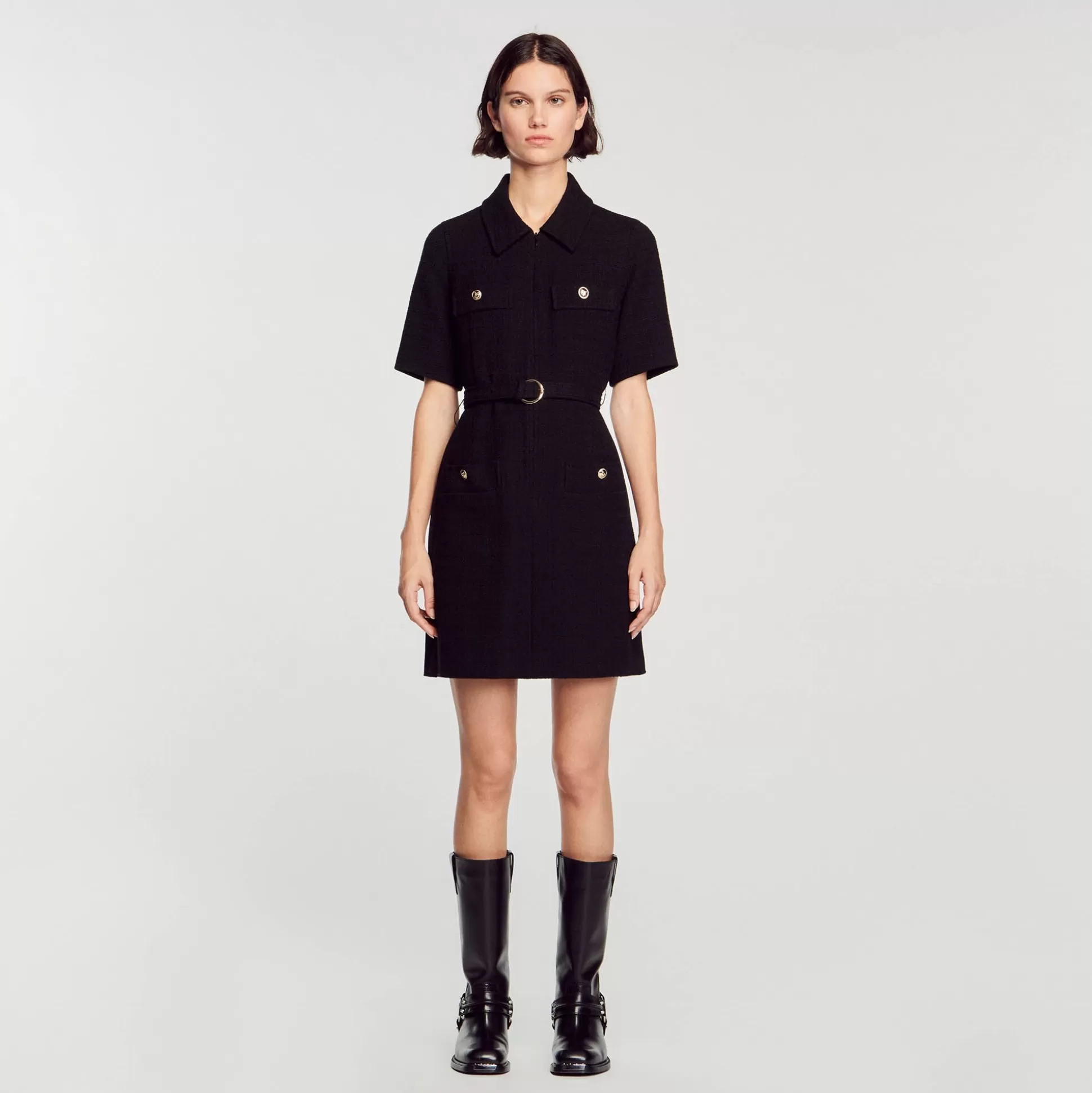 Mujer Sandro Paris Vestidos<Vestido De Manga Corta De Dos Materiales