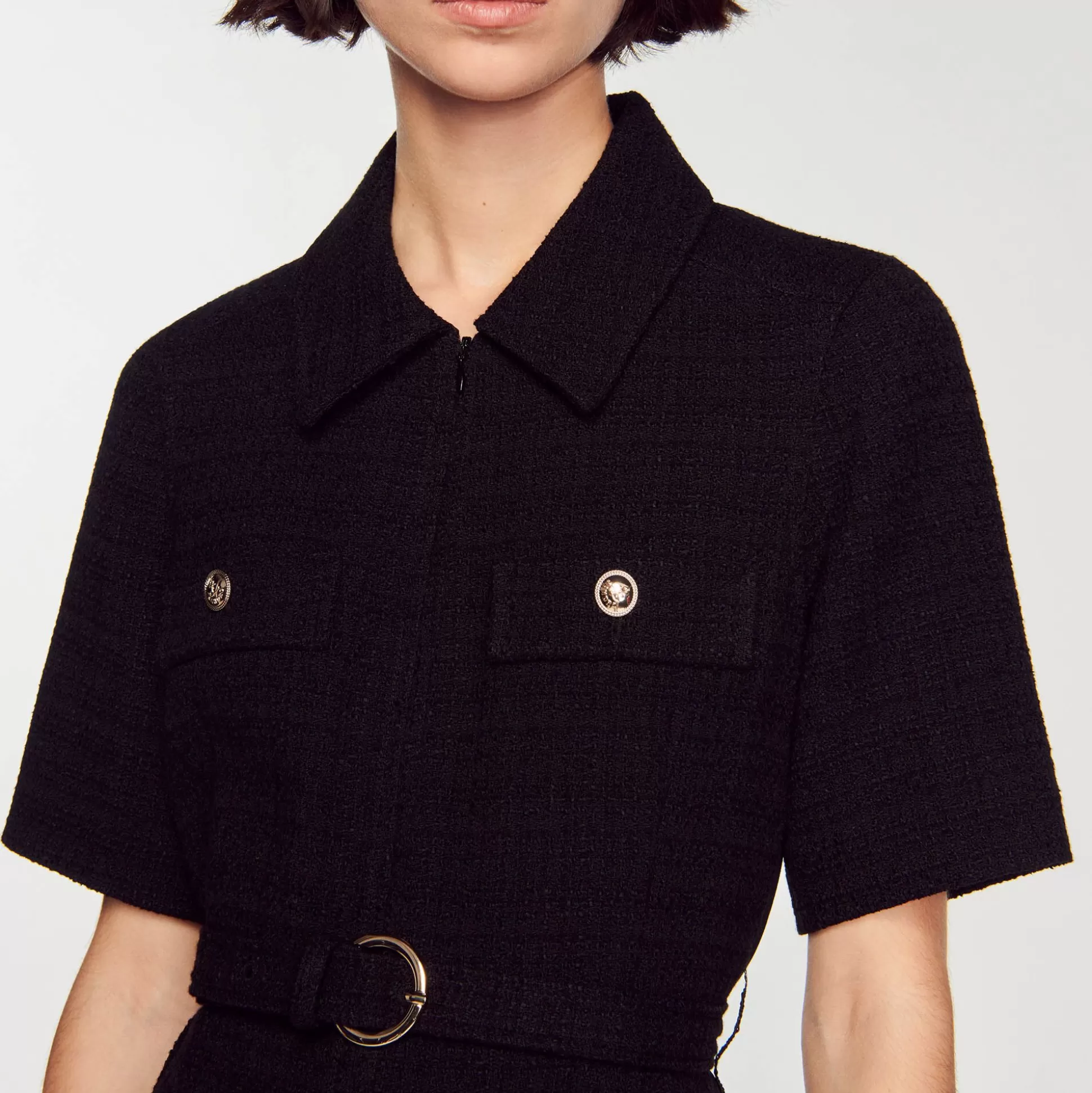 Mujer Sandro Paris Vestidos<Vestido De Manga Corta De Dos Materiales