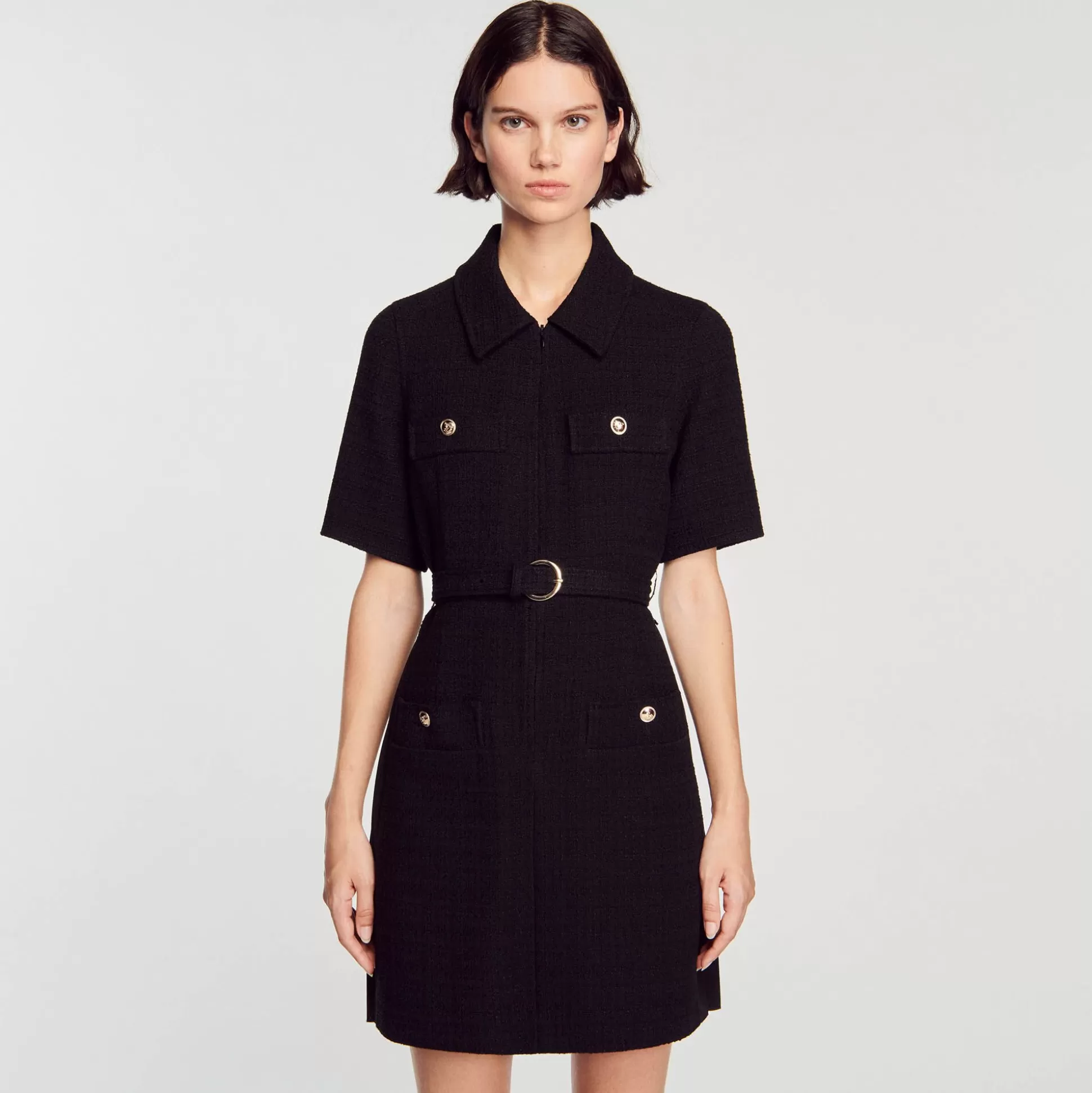 Mujer Sandro Paris Vestidos<Vestido De Manga Corta De Dos Materiales